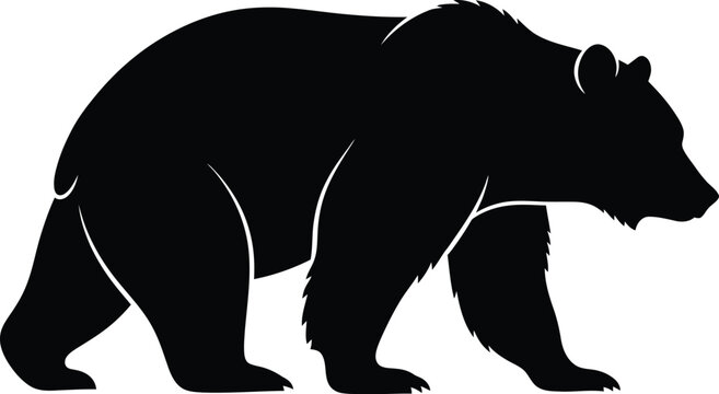A black vector illustration of a wild elephant silhouette stands alongside a cartoon bear and rhino in this nature safari wildlife drawing