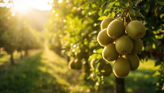 Kiwifruits hanging from a vine in a farm setting, highlighting fruit cultivation and regional farming practices, World Agriculture Day