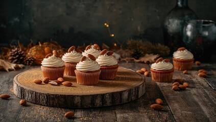 Display of baked goods and decorative glassware arranged on a wooden plank, highlighting homemade dessert styling and rustic charm