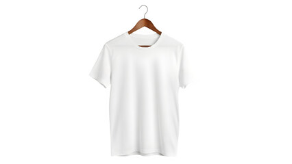 Blank white t-shirt mockup on wooden hanger isolated on white background