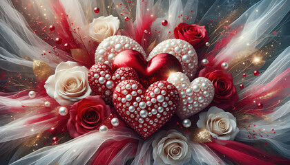 Czerwono białe serca na rozmytym tle. Karta walentynkowa na dzień zakochanych. Symbole miłości.