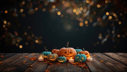 Seasonal Halloween display featuring message cards and pumpkins in orange, black, and turquoise, holiday celebration