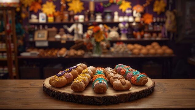 Traditional Day of the Dead offerings including guagua bread and purple corn beverage, highlighting cultural customs