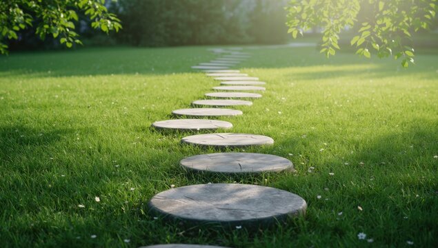 Stone stepping path in outdoor garden, serves as a walkway for landscape aesthetics and functional access, Earth Day