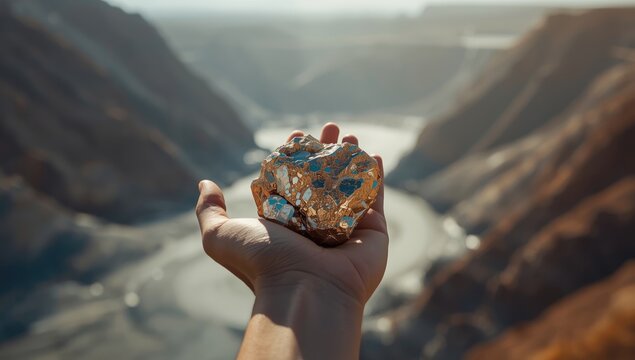 Lithium-bearing spodumene mineral in human grasp, focusing on mining process and resource extraction