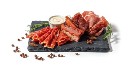 Cold smoked meat arrangement on a white surface, focusing on preparation and presentation techniques