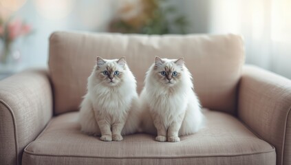 Two white long-haired birman cats with blue eyes, showcasing their natural fur texture, International Cat Day