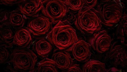 Detailed view of fresh dark red roses utilized as a background texture for layout or visual design, highlighting natural floral textures