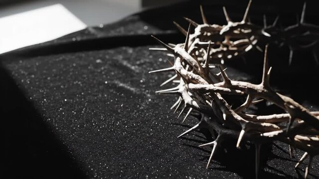 Crown of thorns on dark fabric in varying light, representing suffering and sacrifice for a religious theme