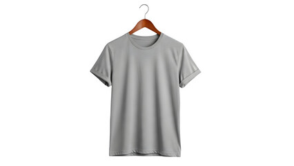 Blank grey t-shirt mockup on wooden hanger isolated on white background