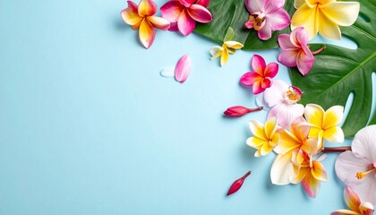 Floral arrangement of vibrant flowers and tropical leaves on a light blue background