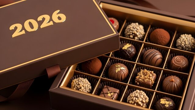 Open box of luxury chocolates with gold 2026 text on lid featuring assorted gourmet truffles in elegant packaging