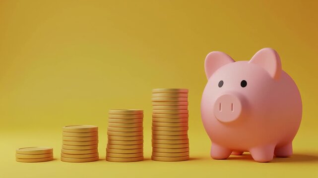A pink piggy bank with stacks of gold coins on a yellow background with growing piles of money.