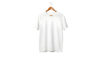 Blank white t-shirt mockup on wooden hanger isolated on white background