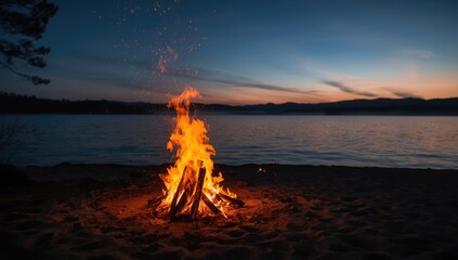 Bonfire burning brightly on the shoreline, serving as a focal point for evening social activities