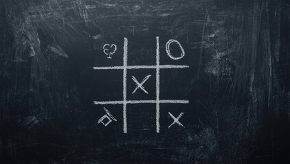 Overhead shot of a naughts and crosses game on a blackboard, emphasizing spatial planning