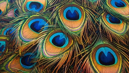 Fototapeta premium peacock feather background, Peacock feather texture background with vibrant blue, green, and gold tones, showcasing natural luxury, intricate feather details, organic pattern, elegance