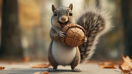 Little Squirrel Holding Acorn on Path During Fall Season