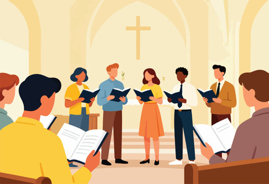 Diverse choir members holding books sing in a church with a large cross