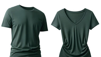 Dark green men's crew neck and women's v-neck t-shirt mockups isolated on white