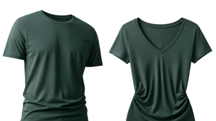 Dark green men's crew neck and women's v-neck t-shirt mockups isolated on white