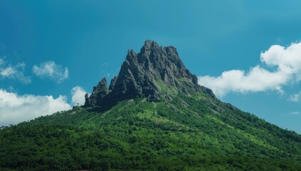 A mountain summit surrounded by vibrant foliage beneath a bright sky, highlighting erosion risk awareness