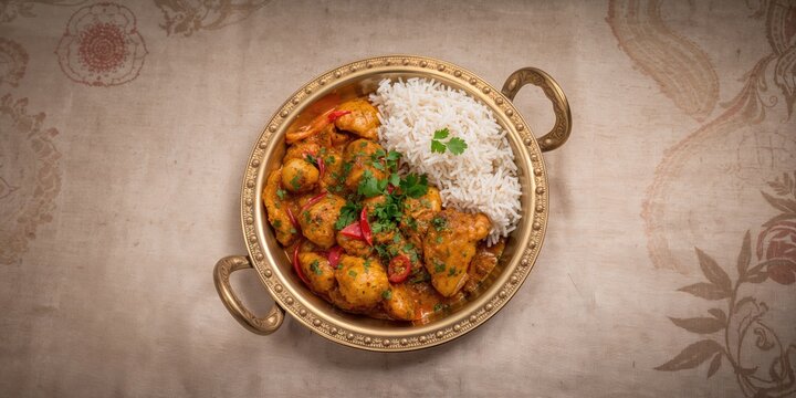 Brass serving vessel filled with Indian dishes, emphasizing cultural presentation