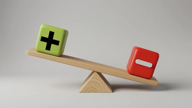 A seesaw with a green plus sign block and a red minus sign block on a plain gray background, conveying a sense of balance and contrast.
