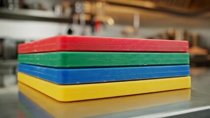 Close Up of Stacked Color Coded Cutting Boards on Stainless Steel Table