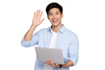 Smiling young man waving on transparent background, holding laptop, casual business style, friendly greeting gesture for customer support, advertising and website design
