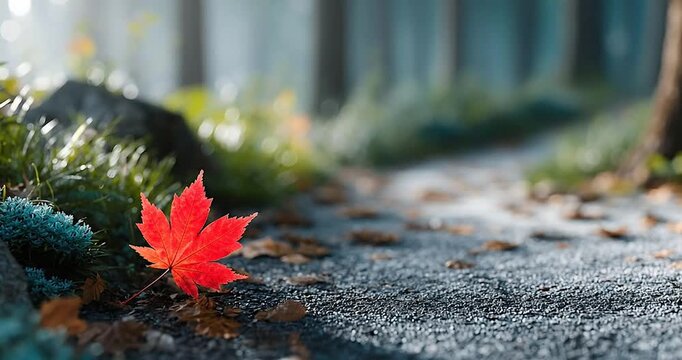 Cinematic Video Clip: A single vibrant red maple leaf rests on a forest path covered in fallen autumn leaves, bathed in soft, dappled sunlight filtering through trees, 