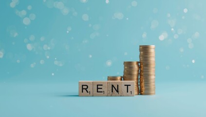 Rent word formed from wooden blocks alongside an increasing pile of coins against a blue backdrop, indicating rising rent costs.