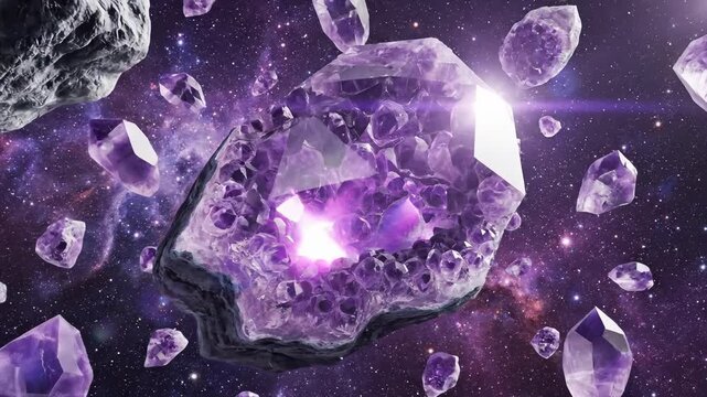 Floating Amethyst Geodes Against a Starry Galaxy Background, Seamless Loop