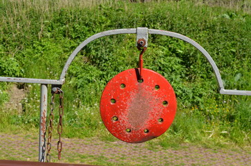 Red Ship Gong Mounted on Deck of Inland Waterway Vessel, Elblag Canal, Poland