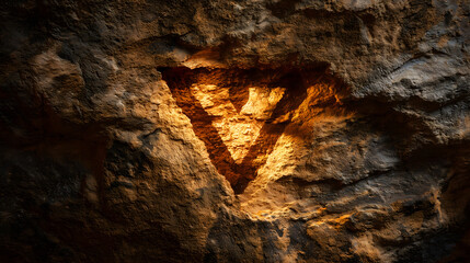 Mysterious glowing triangle symbol illuminates the dark, textured surface of an ancient rock formation