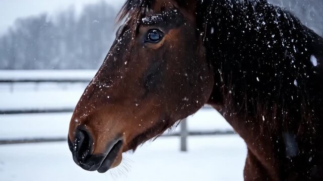 Brown horse walking in a snowy paddock with a wooden fence. Winter farm scene with heavy snowfall and visible breath vapor