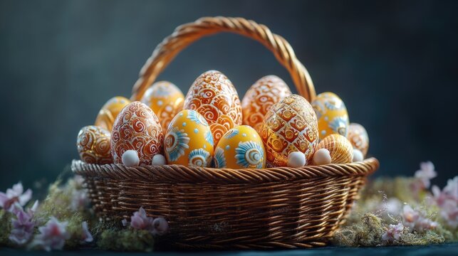 Easter basket adorned with intricate gold seashell patterns on eggs. Isolated on navy background