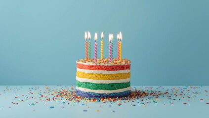 Colorful birthday cake with rainbow layers and candles, ideal for holiday gatherings