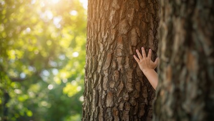 Kids small hands holding onto a tree trunk in the forest, highlighting childhood exploration and nature