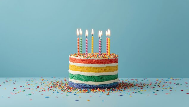 Colorful birthday cake with rainbow layers and candles, ideal for holiday gatherings