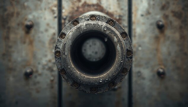 Close-up of a metal pipe with a hole revealing corrosion and wear, emphasizing maintenance and safety concerns