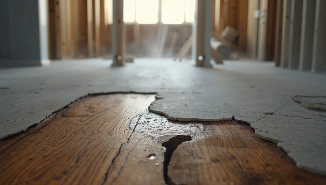 Water-induced buckling in wooden flooring, highlighting structural restoration needs
