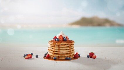 Stacked pancakes topped with fresh fruit and whipped cream on a table near a calm sea and island, a leisurely breakfast setting