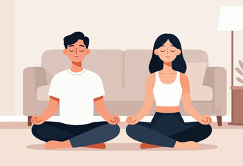 Fototapeta premium Two people meditating peacefully on the floor in a living room