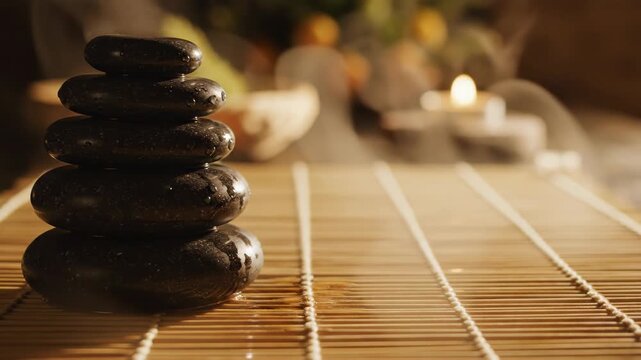 A serene scene features stacked black stones enveloped in mist, with soft candlelight flickering in the background, creating an inviting atmosphere of peace and relaxation.