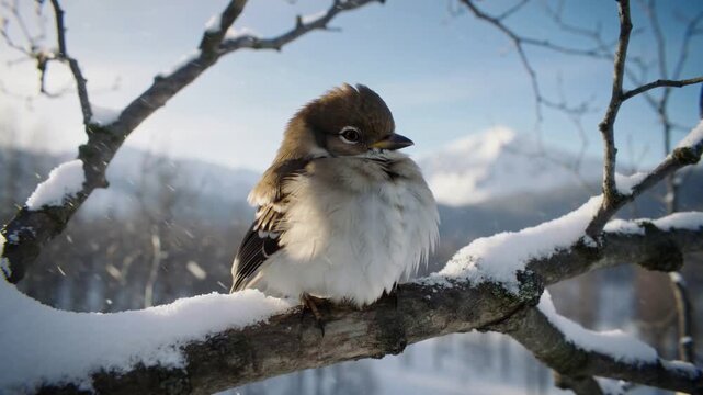 Small bird sitting fluffed up on snowy branch, cold wind blowing