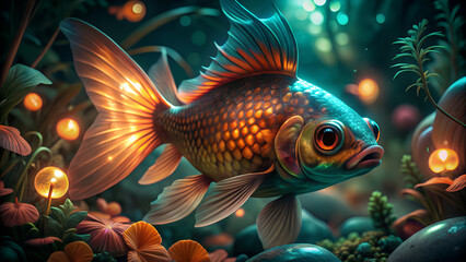 Fototapeta premium A vibrant glowing fish swims gracefully in a magical underwater garden
