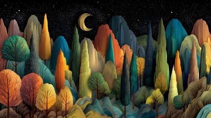 A whimsical landscape of stylized trees and rolling hills under a starlit night sky with a crescent moon