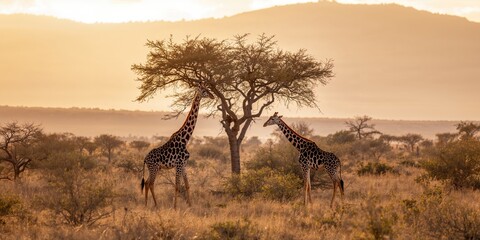Two giraffes browsing foliage in a savannah landscape, herbivore feeding behavior, wildlife conservation awareness
