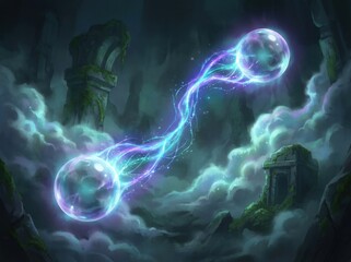 This mystical digital illustration shows two glowing blue and purple energy spheres connecting with a vibrant stream amidst swirling fog and ancient stone ruins.